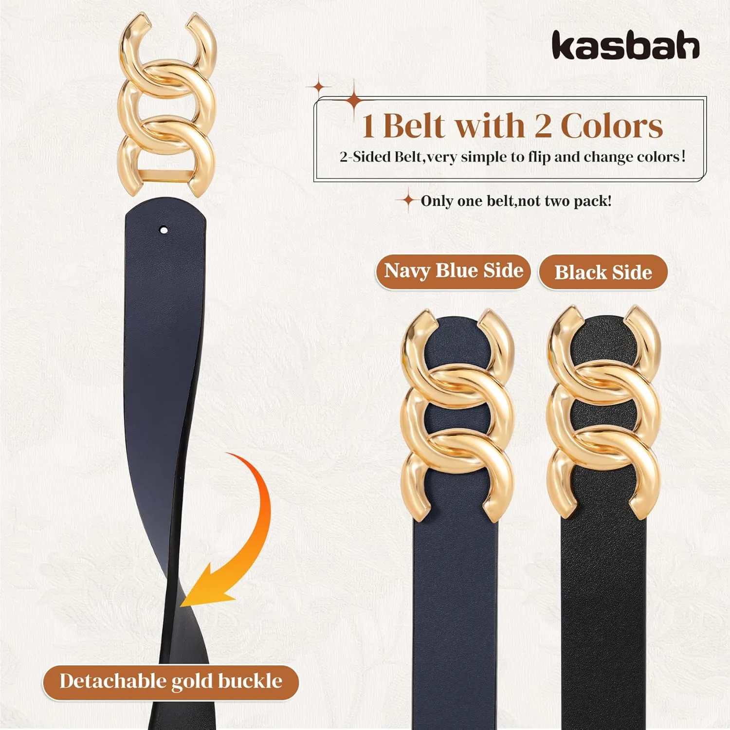KASBAH Womens Reversible Leather Belt With Gold Buckle Two-in-One Ladies Waist Work Belt for Jeans Pants Dresses