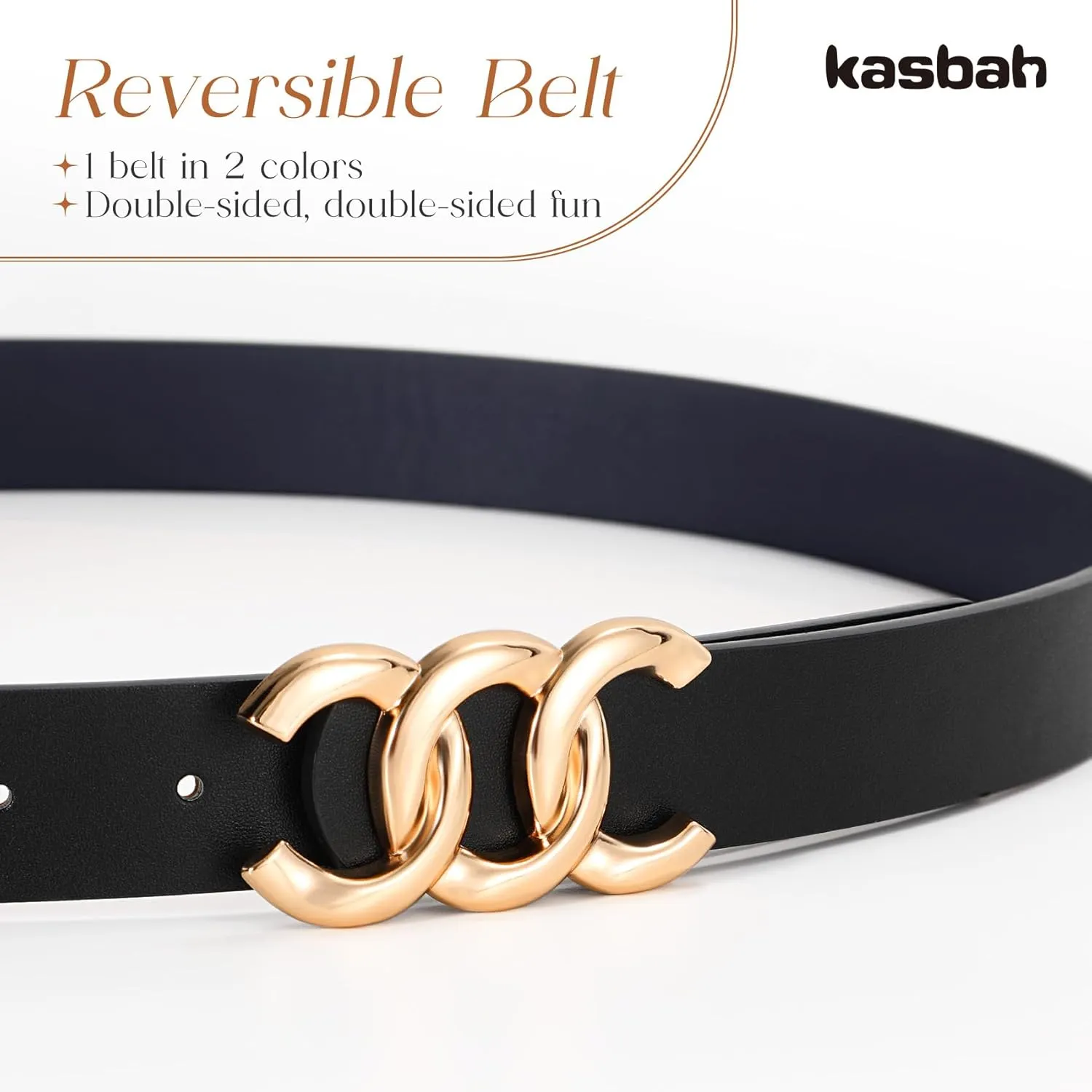 KASBAH Womens Reversible Leather Belt With Gold Buckle Two-in-One Ladies Waist Work Belt for Jeans Pants Dresses