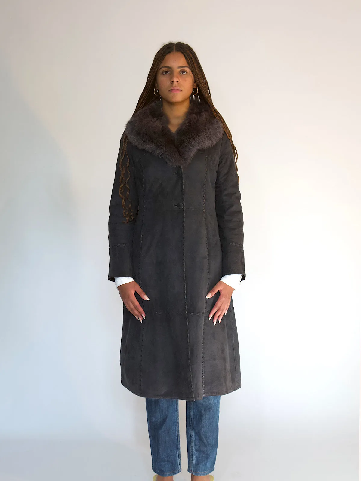 Leather suede coat with collar fur and leather details