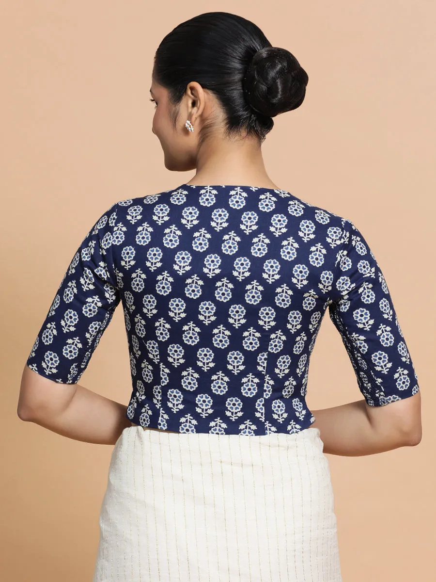Lekha x Rozaana | Elbow Sleeves Cotton Saree Blouse in Indigo Blue Flower Block Print Fabric