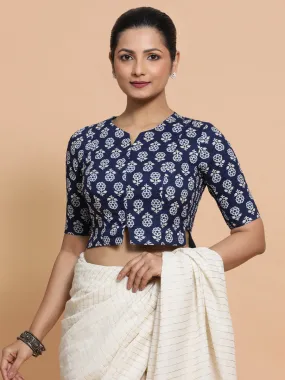 Lekha x Rozaana | Elbow Sleeves Cotton Saree Blouse in Indigo Blue Flower Block Print Fabric