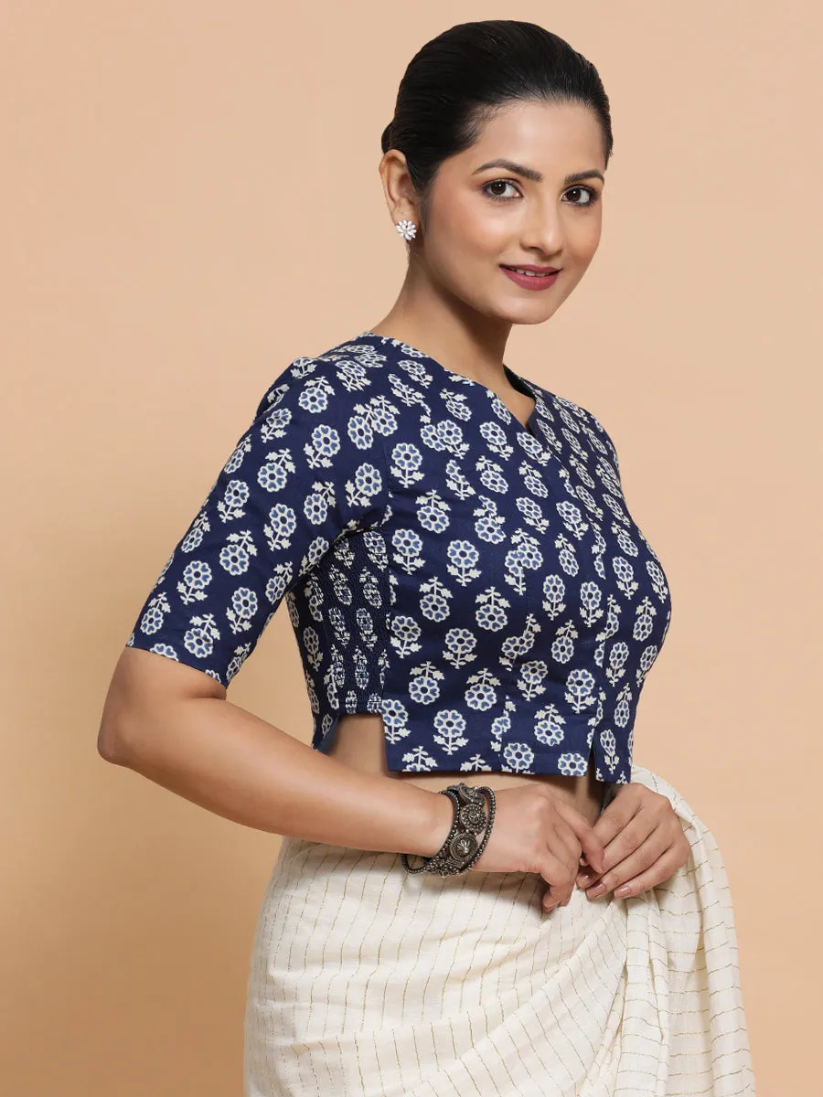 Lekha x Rozaana | Elbow Sleeves Cotton Saree Blouse in Indigo Blue Flower Block Print Fabric