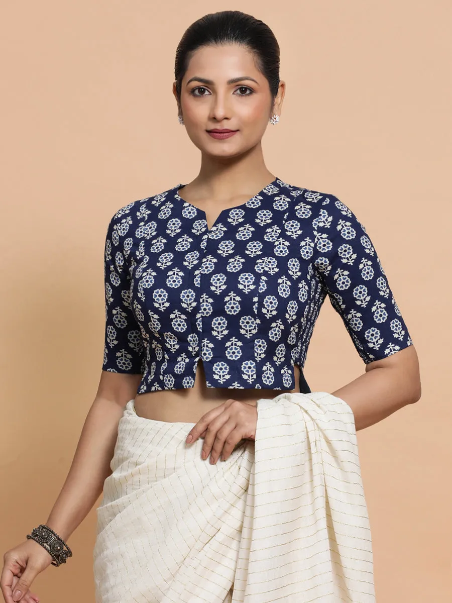 Lekha x Rozaana | Elbow Sleeves Cotton Saree Blouse in Indigo Blue Flower Block Print Fabric