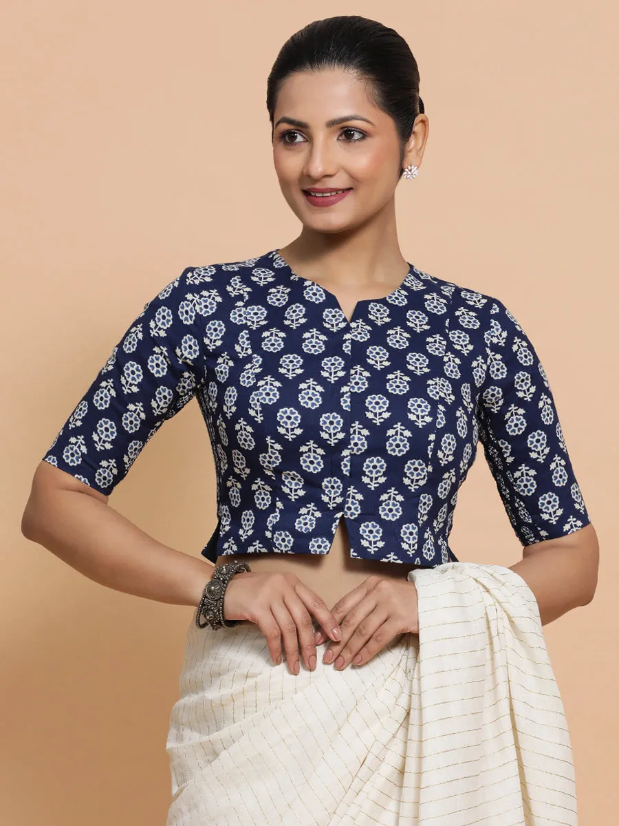Lekha x Rozaana | Elbow Sleeves Cotton Saree Blouse in Indigo Blue Flower Block Print Fabric