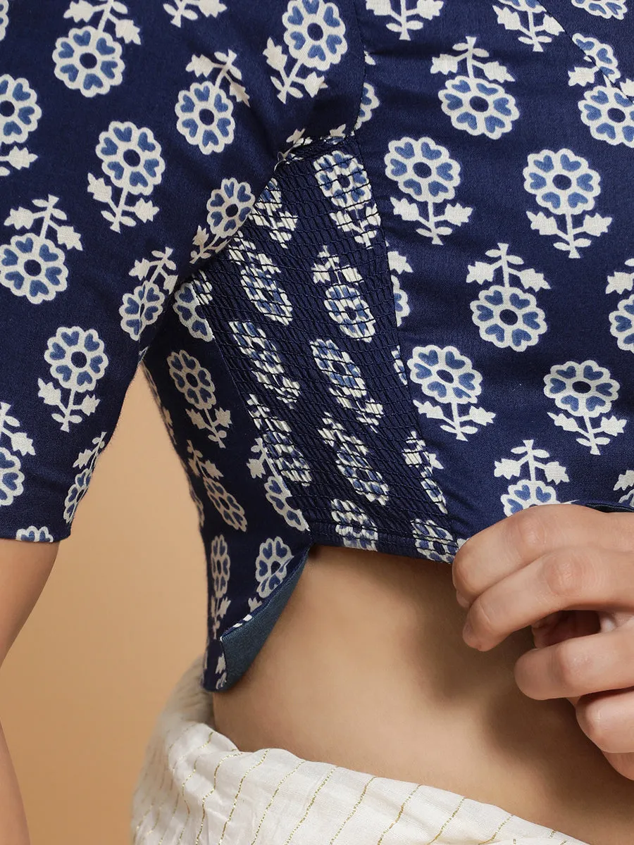 Lekha x Rozaana | Elbow Sleeves Cotton Saree Blouse in Indigo Blue Flower Block Print Fabric