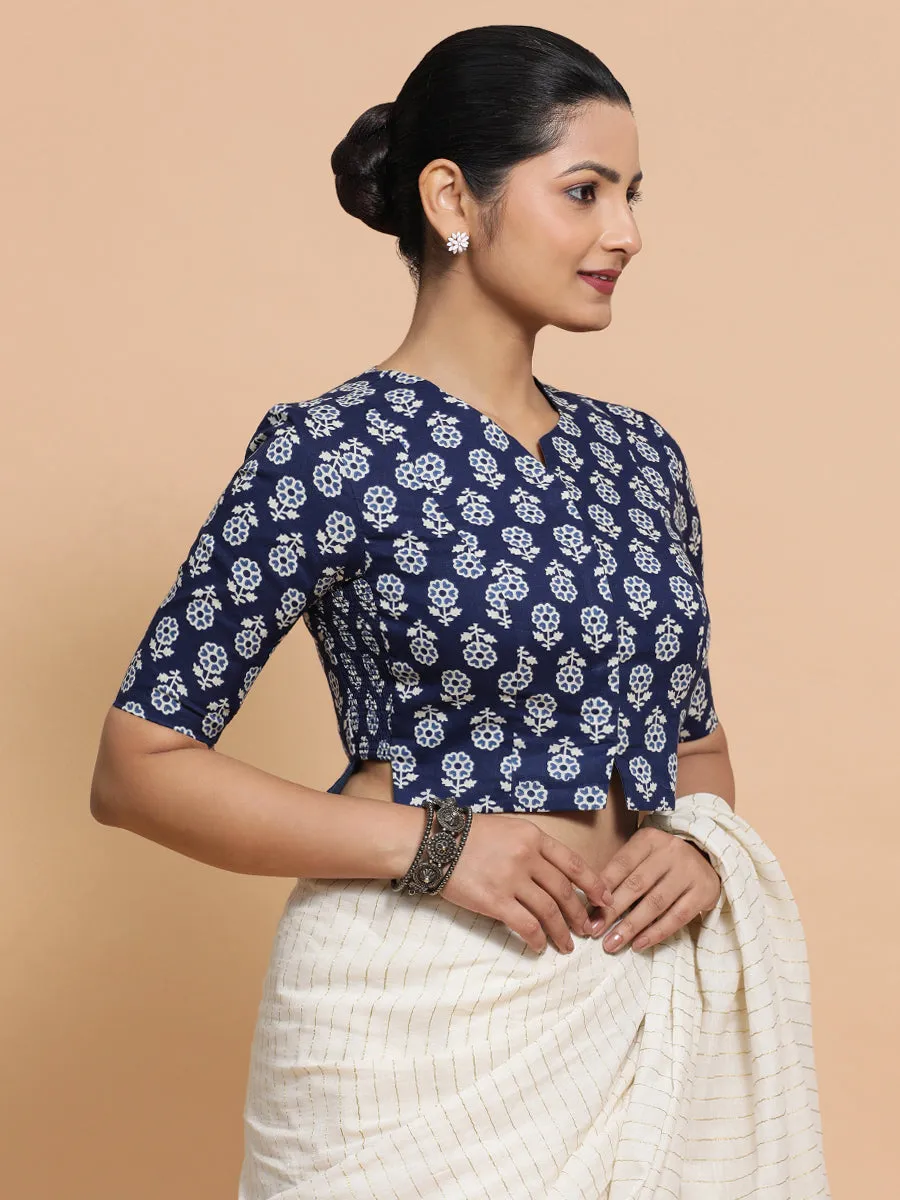 Lekha x Rozaana | Elbow Sleeves Cotton Saree Blouse in Indigo Blue Flower Block Print Fabric