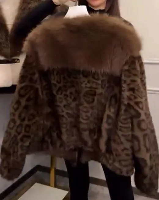 Leopard Print Short Fur Collar Coat