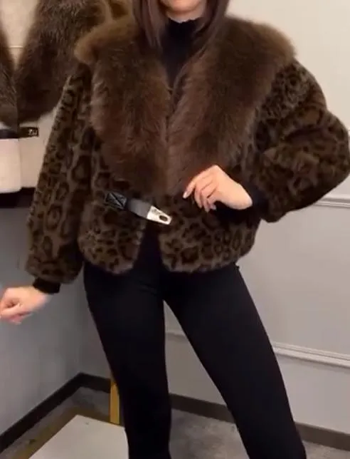 Leopard Print Short Fur Collar Coat