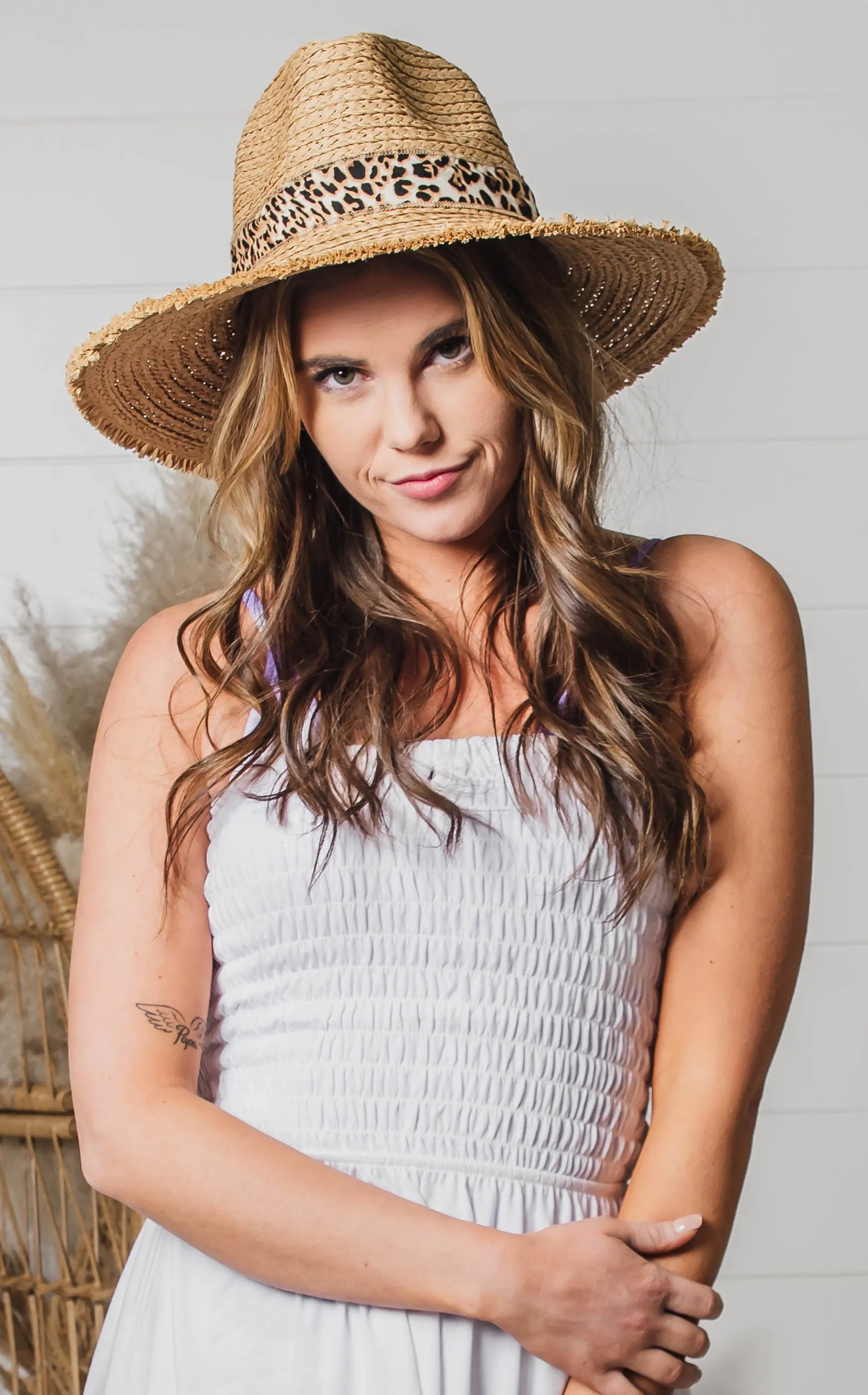 Leopard Ribbon Straw Fedora Hat