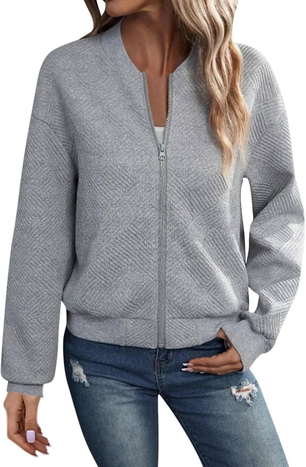 Lightweight Jacket Women Full Zip Bomber Jacket Soft Long Sleeve Zip Up Outwear Crew Neck Sweatshirt Coat Dressy Casual