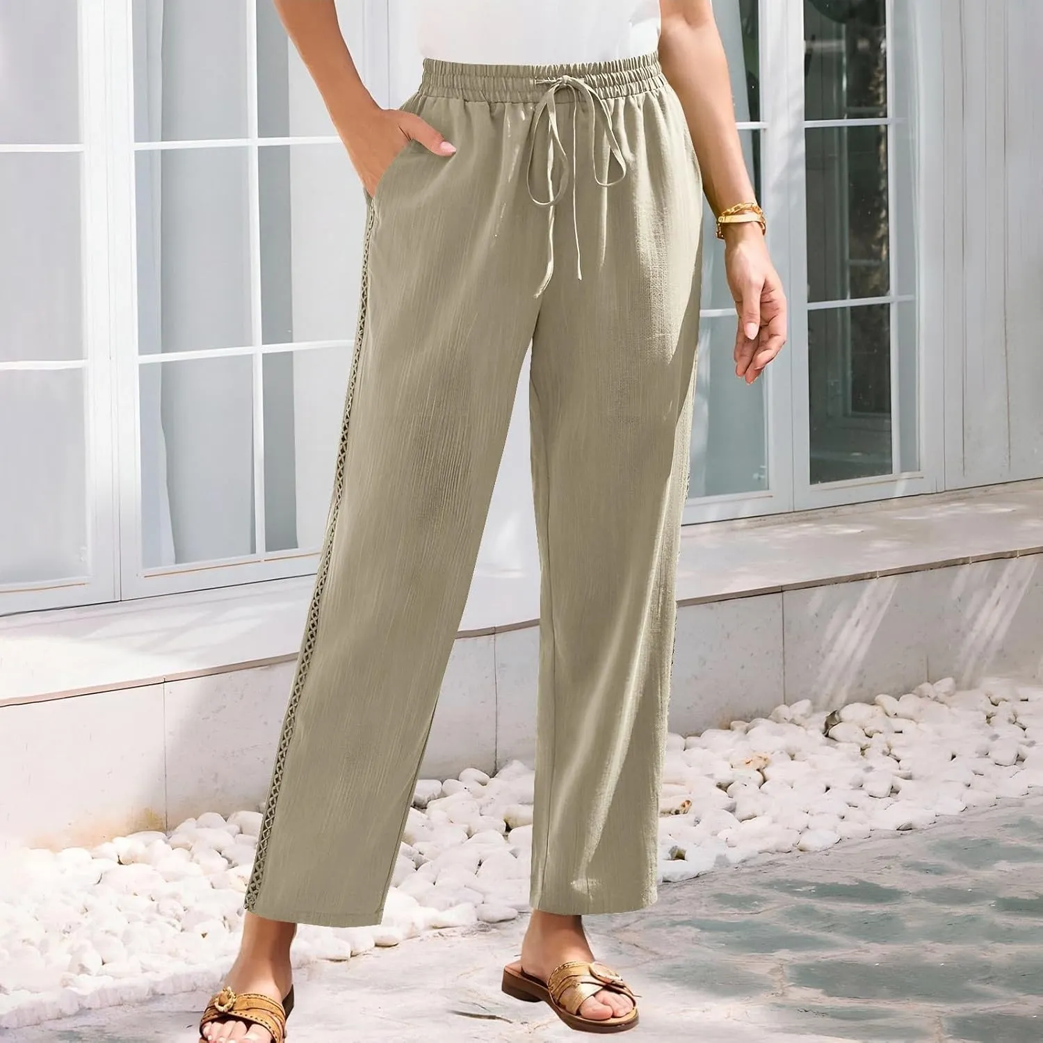 Linen Pants for Women Summer Casual Loose Lightweight Drawstring Waisted Elastic Lace Trousers with Pockets