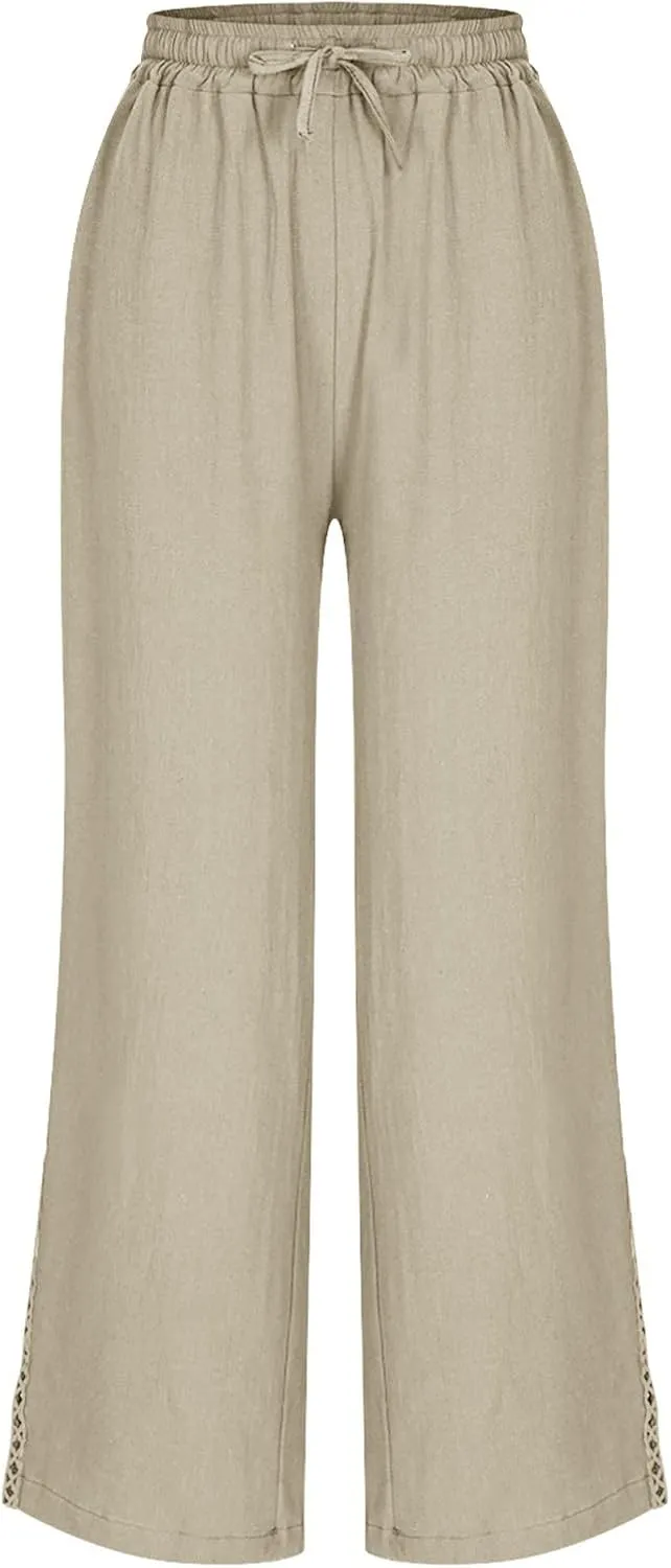 Linen Pants for Women Summer Casual Loose Lightweight Drawstring Waisted Elastic Lace Trousers with Pockets