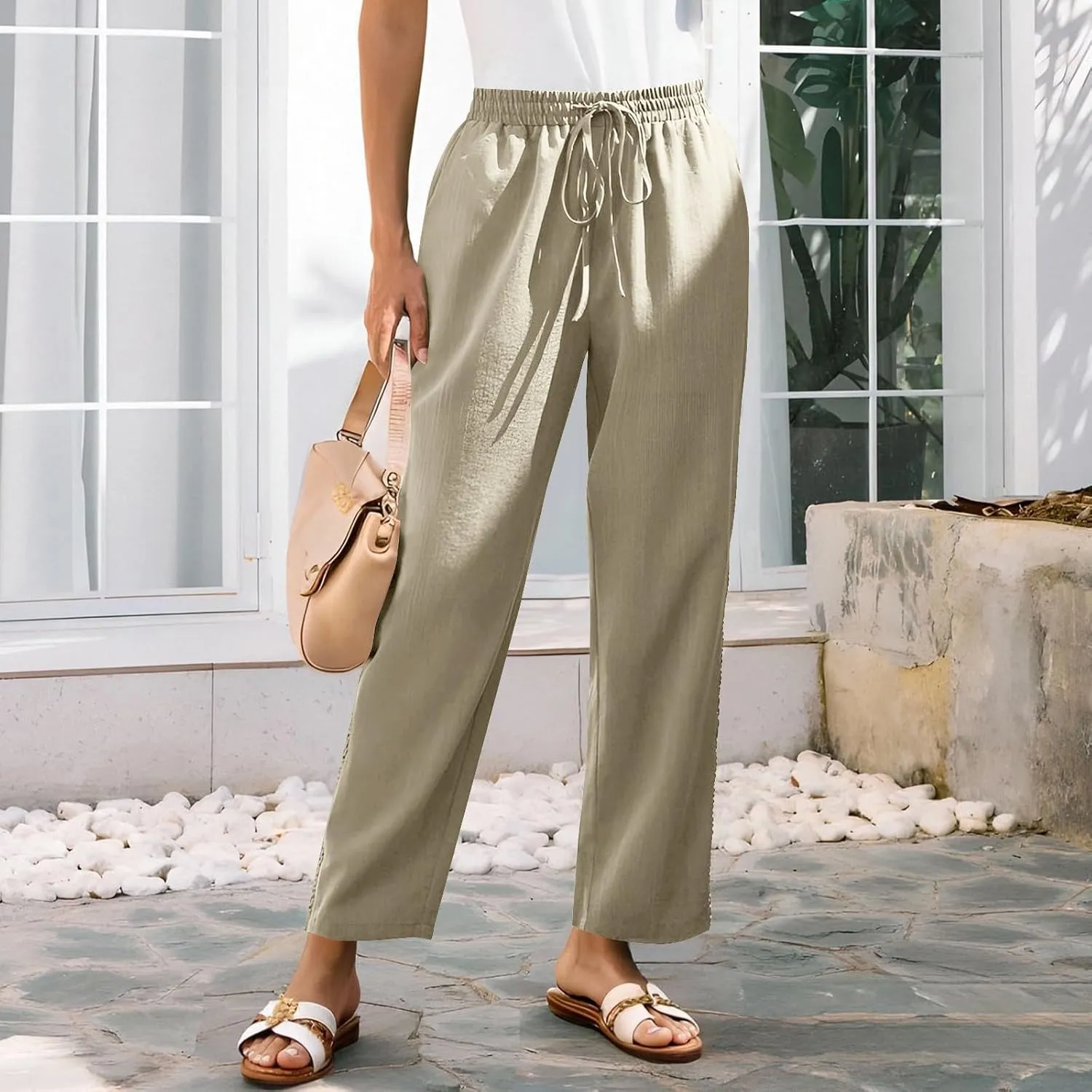 Linen Pants for Women Summer Casual Loose Lightweight Drawstring Waisted Elastic Lace Trousers with Pockets