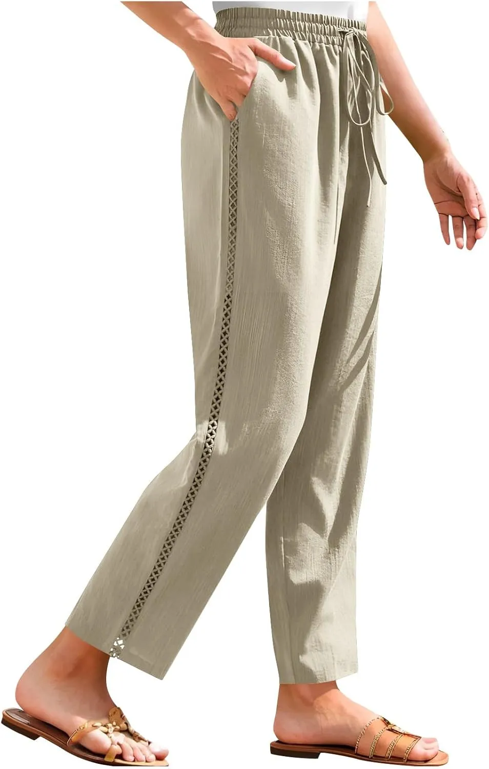 Linen Pants for Women Summer Casual Loose Lightweight Drawstring Waisted Elastic Lace Trousers with Pockets