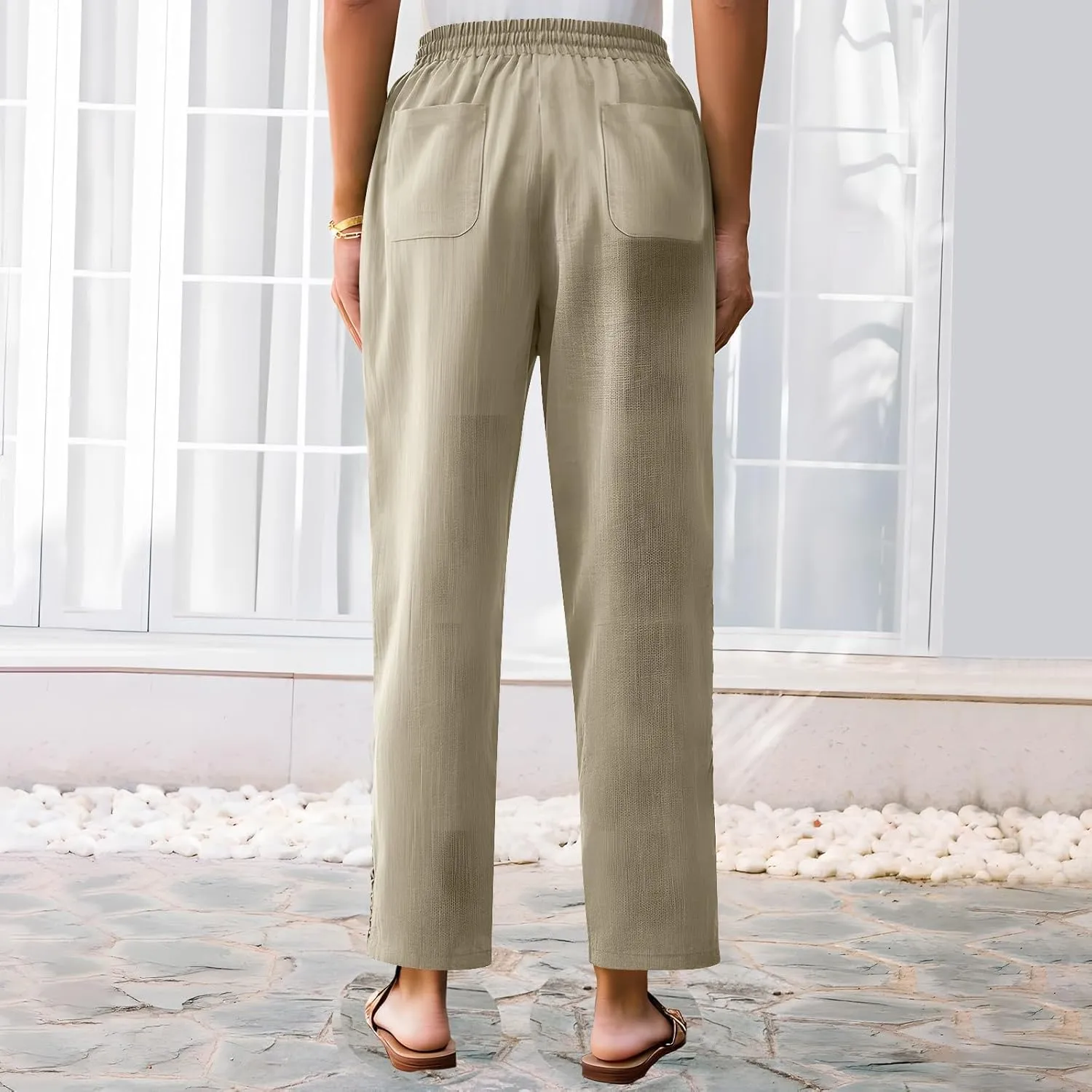 Linen Pants for Women Summer Casual Loose Lightweight Drawstring Waisted Elastic Lace Trousers with Pockets