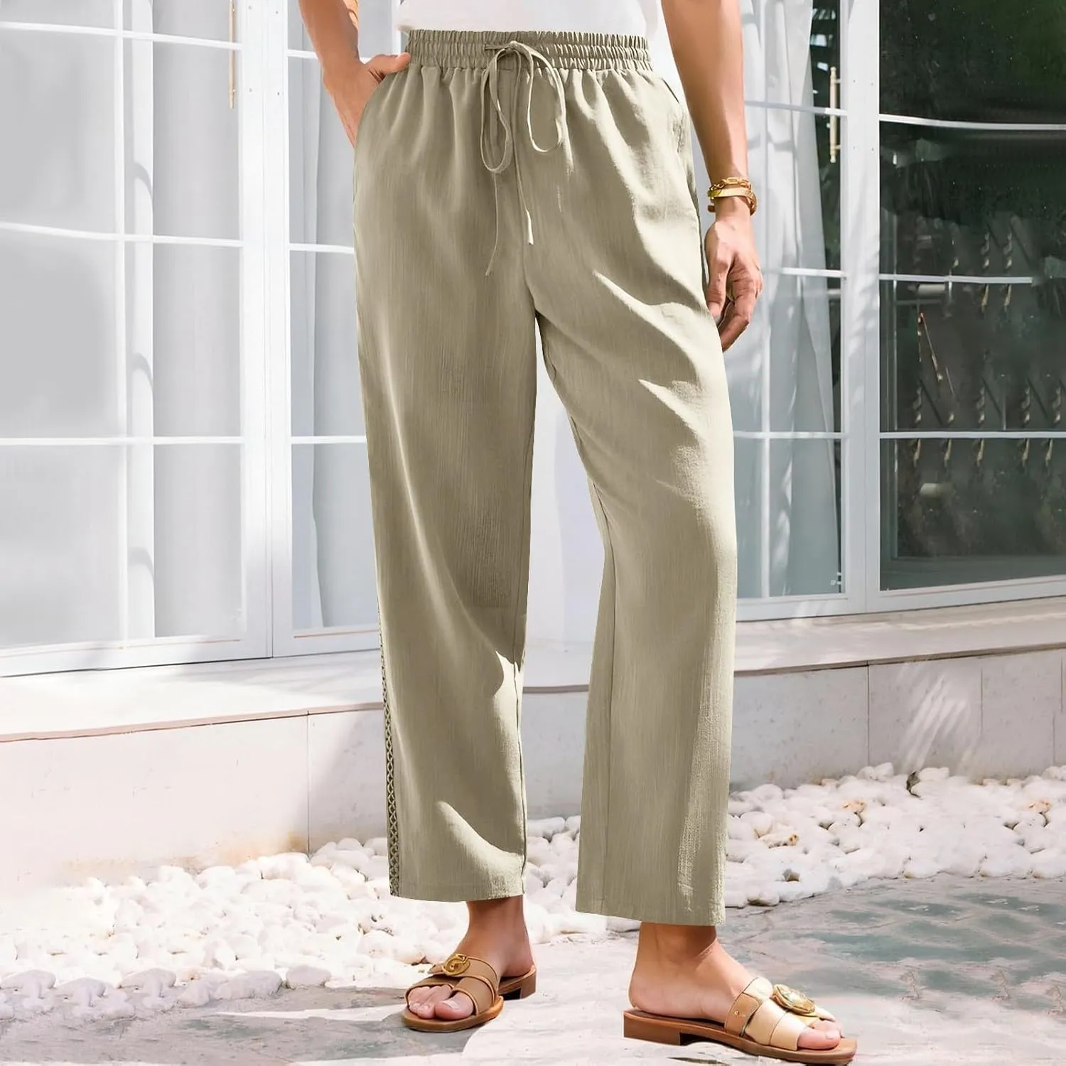 Linen Pants for Women Summer Casual Loose Lightweight Drawstring Waisted Elastic Lace Trousers with Pockets