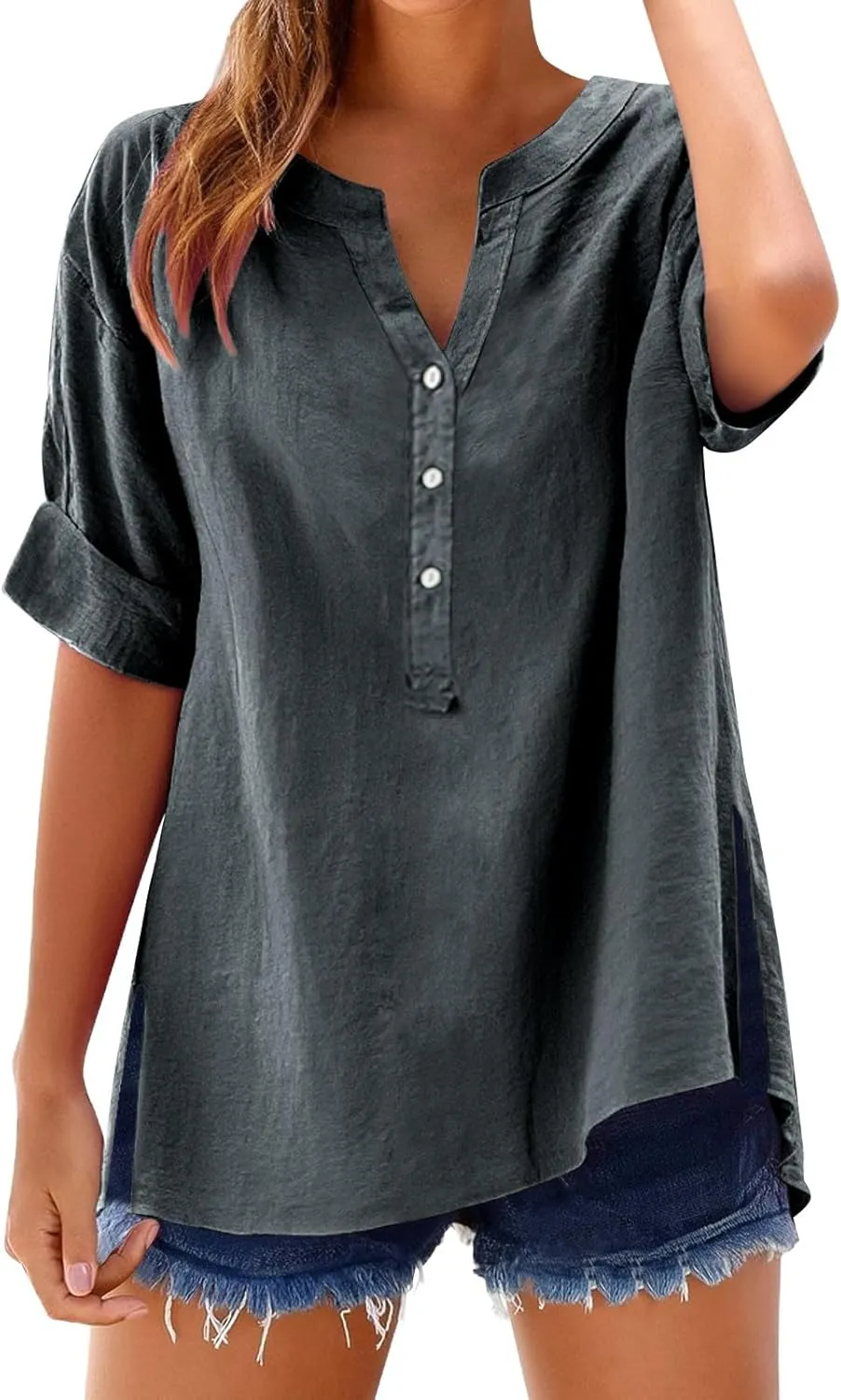 Linen Shirt for Women Half Sleeve Button Oversize T Shirt Lightweight Summer Fashion Tops Causal Dressy Daily Top