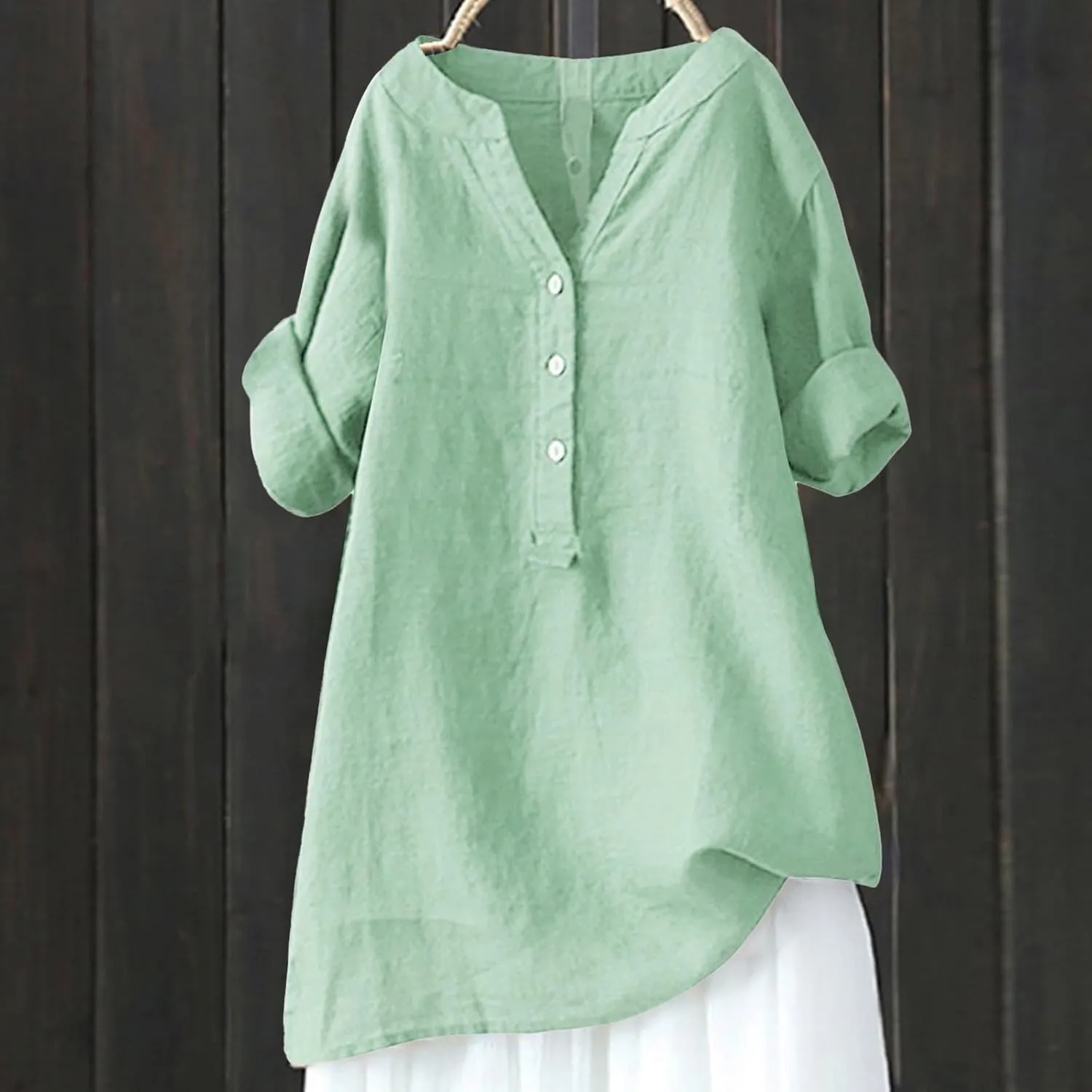 Linen Shirt for Women Short Sleeve V Neck Shirts Loose Fit Button Blouses Casual Solid Color Tops Breathable Summer Tee