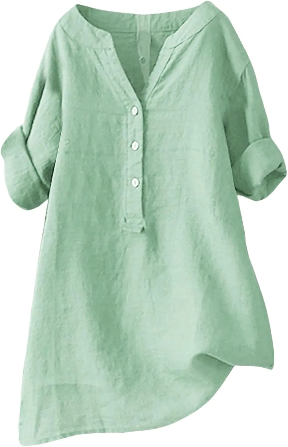 Linen Shirt for Women Short Sleeve V Neck Shirts Loose Fit Button Blouses Casual Solid Color Tops Breathable Summer Tee