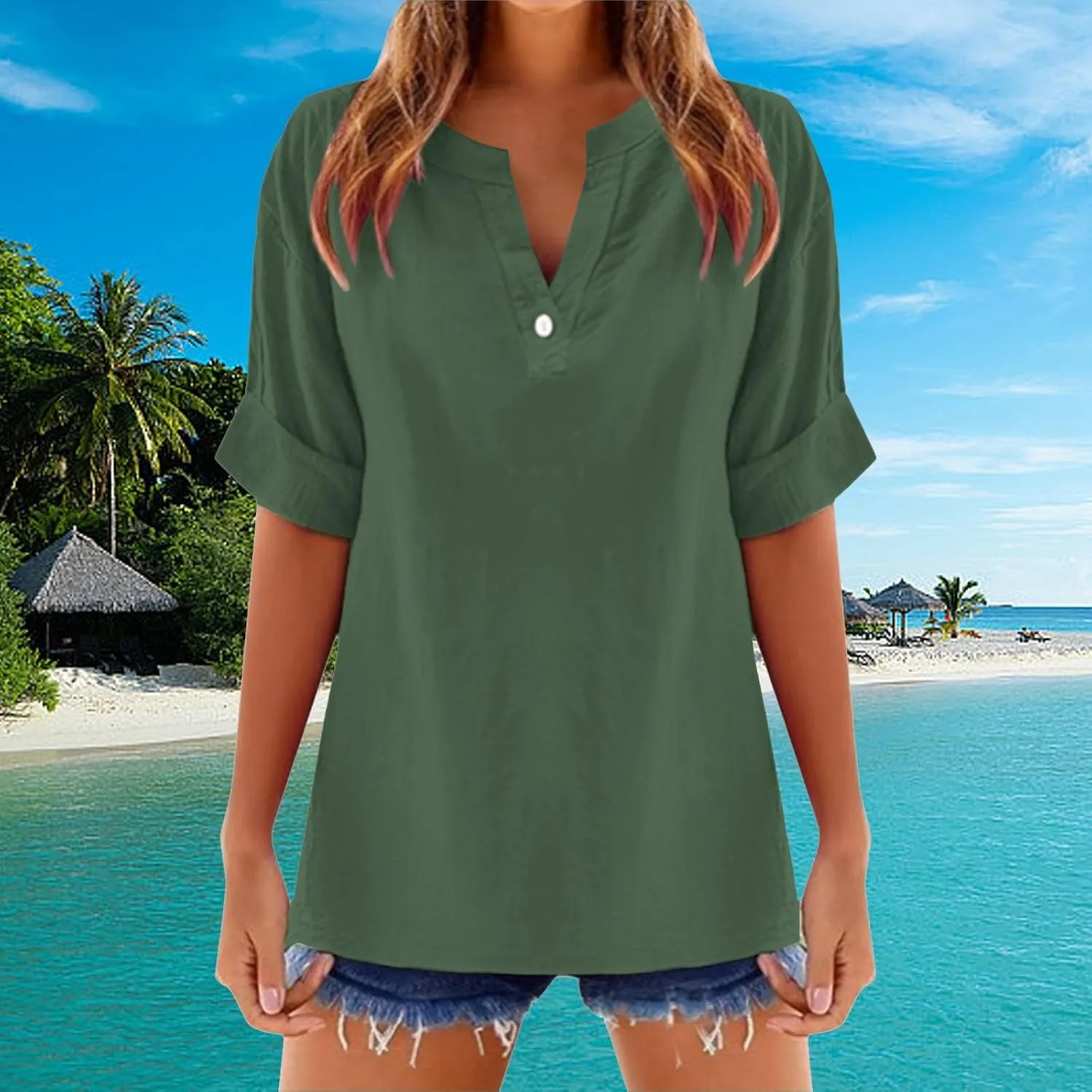 Linen Tops for Women Loose Fitting Summer V Neck Casual Blouses Short Sleeve T Shirts Spring Outfits Trendy Clothes