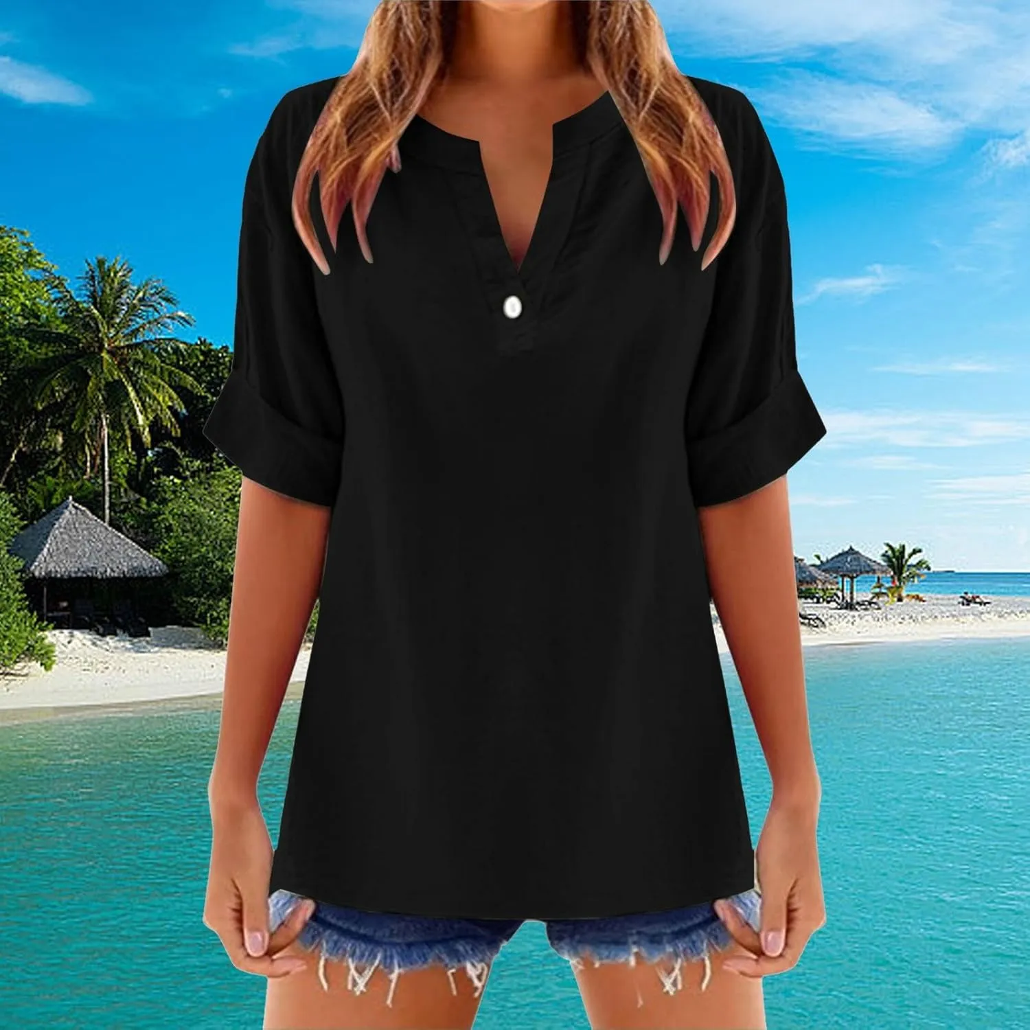 Linen Tops for Women Loose Fitting Summer V Neck Casual Blouses Short Sleeve T Shirts Spring Outfits Trendy Clothes