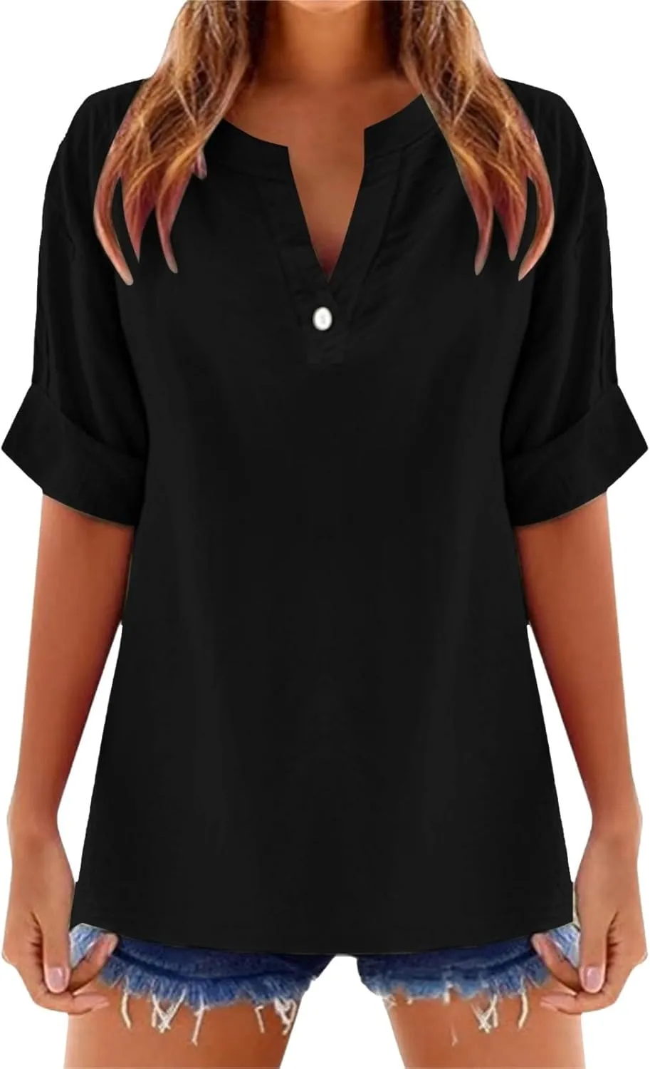 Linen Tops for Women Loose Fitting Summer V Neck Casual Blouses Short Sleeve T Shirts Spring Outfits Trendy Clothes