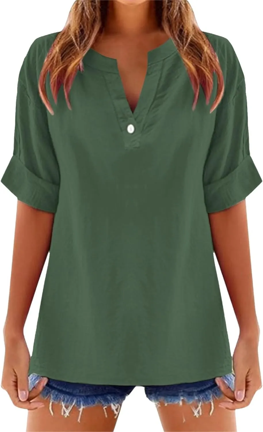 Linen Tops for Women Loose Fitting Summer V Neck Casual Blouses Short Sleeve T Shirts Spring Outfits Trendy Clothes