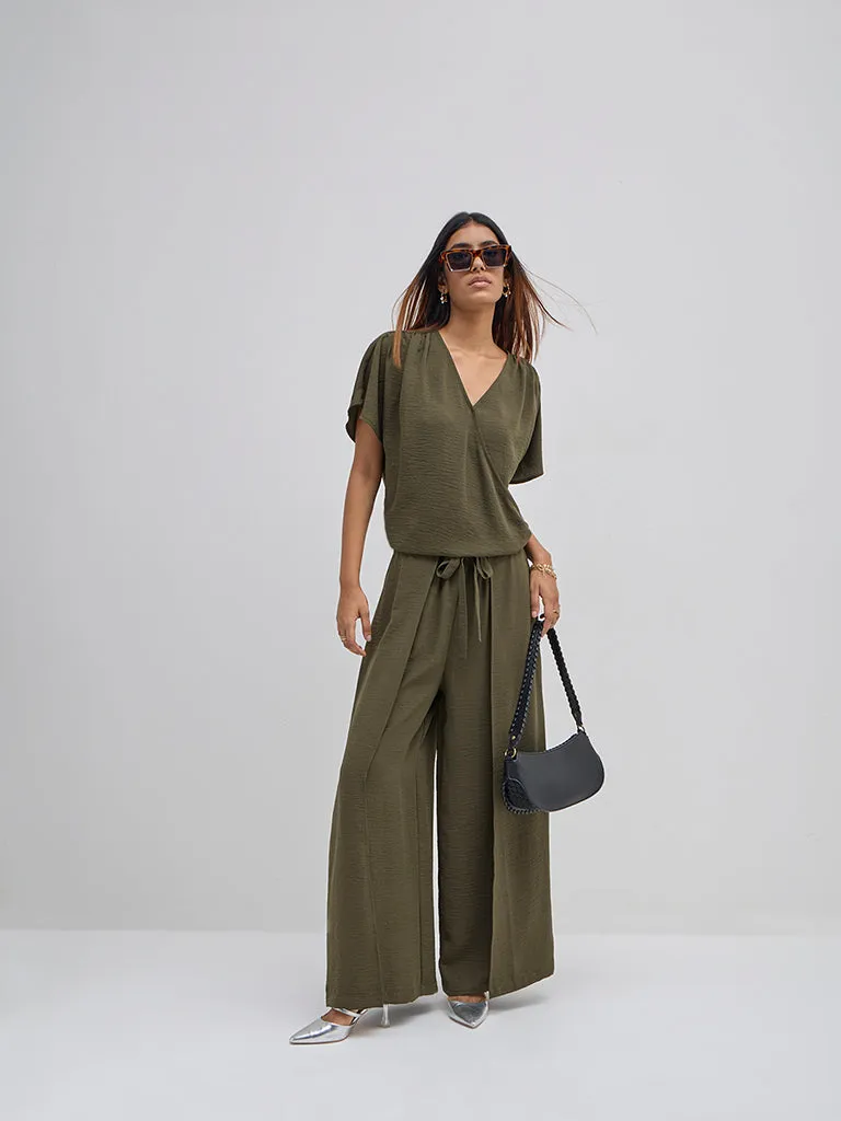 LOV Olive Crinkled Wrap-Style Blouse