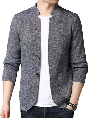 Lu's Chic Men's Soft Knit Blazer Open Front Cardigan Sweater Lightweight Mandarin Collar Slim Fit Casual Sports Coats Jacket