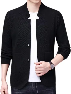 Lu's Chic Men's Soft Knit Blazer Open Front Cardigan Sweater Lightweight Mandarin Collar Slim Fit Casual Sports Coats Jacket