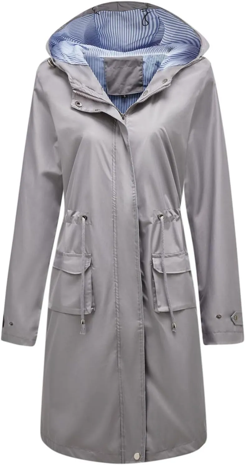 Lu's Chic Women's Long Anorak Jacket Raincoat Rain Jacket Long Sleeve Casual Hooded Cargo Utility Military Outerwear