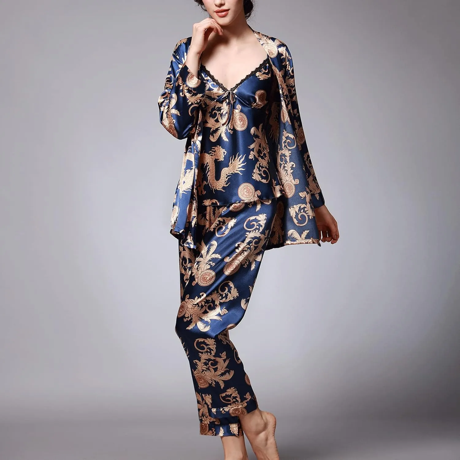 Lu's Chic Women's Satin Cami and Pant Pajamas Set with Robe 3Pcs Pj Silk V Neck Long Sleeve Sleepwear