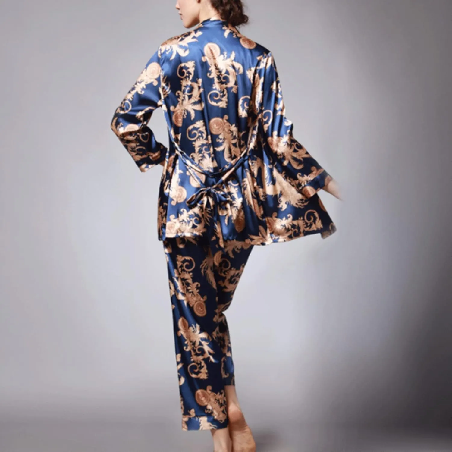 Lu's Chic Women's Satin Cami and Pant Pajamas Set with Robe 3Pcs Pj Silk V Neck Long Sleeve Sleepwear