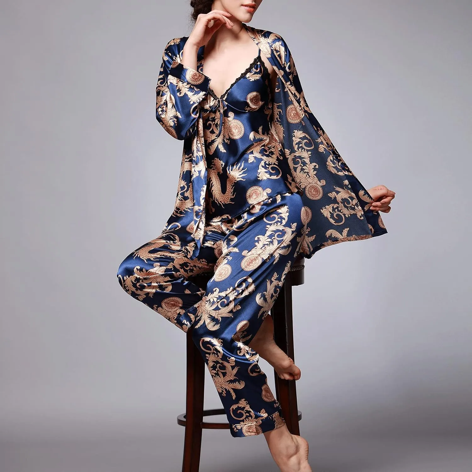 Lu's Chic Women's Satin Cami and Pant Pajamas Set with Robe 3Pcs Pj Silk V Neck Long Sleeve Sleepwear