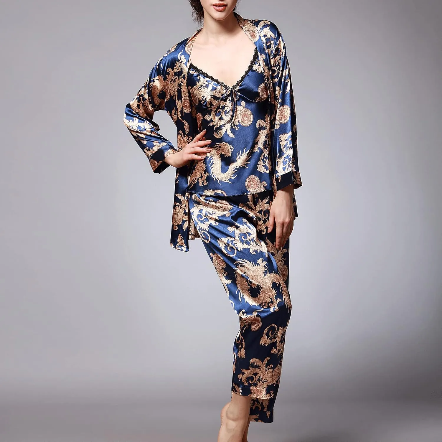 Lu's Chic Women's Satin Cami and Pant Pajamas Set with Robe 3Pcs Pj Silk V Neck Long Sleeve Sleepwear