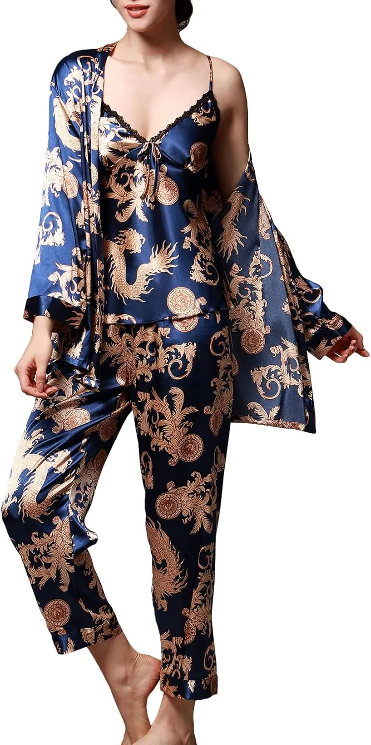 Lu's Chic Women's Satin Cami and Pant Pajamas Set with Robe 3Pcs Pj Silk V Neck Long Sleeve Sleepwear