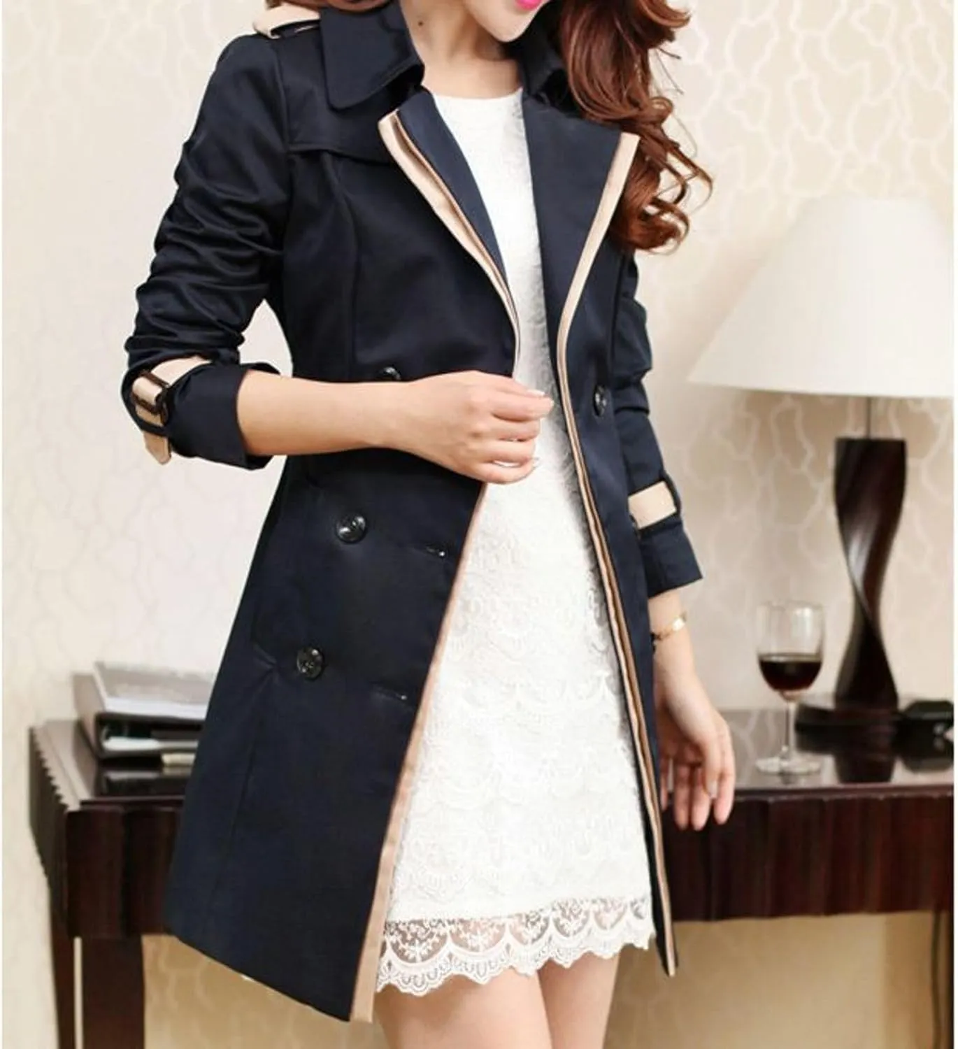 Lu's Chic Women's Trench Coat Contrast Color Double Breasted Jacket Fashion Dressy Overcoat Belted Slim Fit Outerwear Coat
