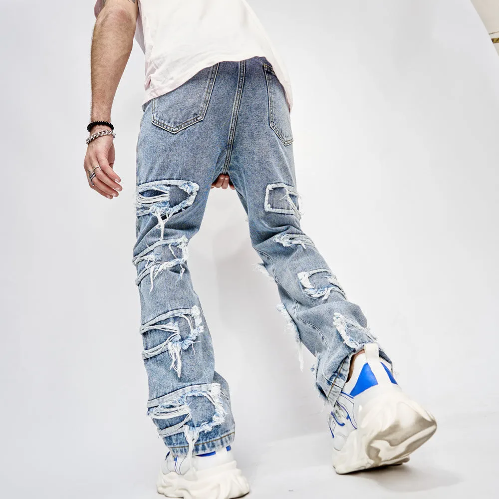 Man's Full Length Patched Straight Fit Men's Hip Hop Jeans