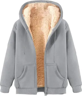 Men Sherpa Fleece Lined Jacket Unisex Women Thick Zip Up Hoodie Sweatshirt with Pockets Soft Warm Winter Coats