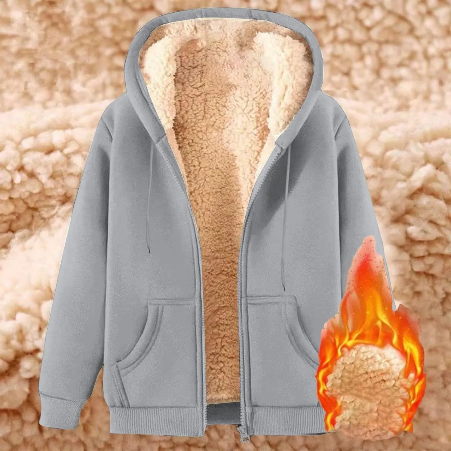 Men Sherpa Fleece Lined Jacket Unisex Women Thick Zip Up Hoodie Sweatshirt with Pockets Soft Warm Winter Coats