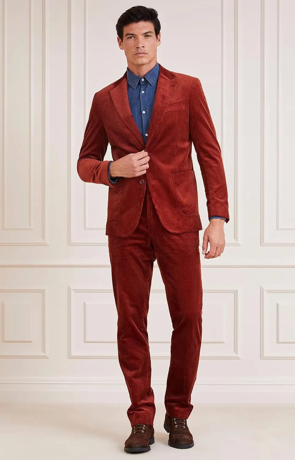 Men's Casual Slim Fit Corduroy Jacket Lightweight 2 Button Blazer Sport Coat Red