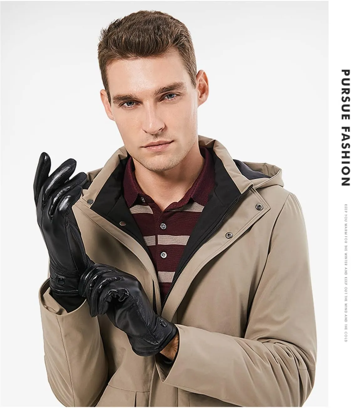Mens Leather Touch Screen Gloves,Winter Waterproof Fleece Lined Thermal Mittens Windproof Anti Slip for Driving Sports
