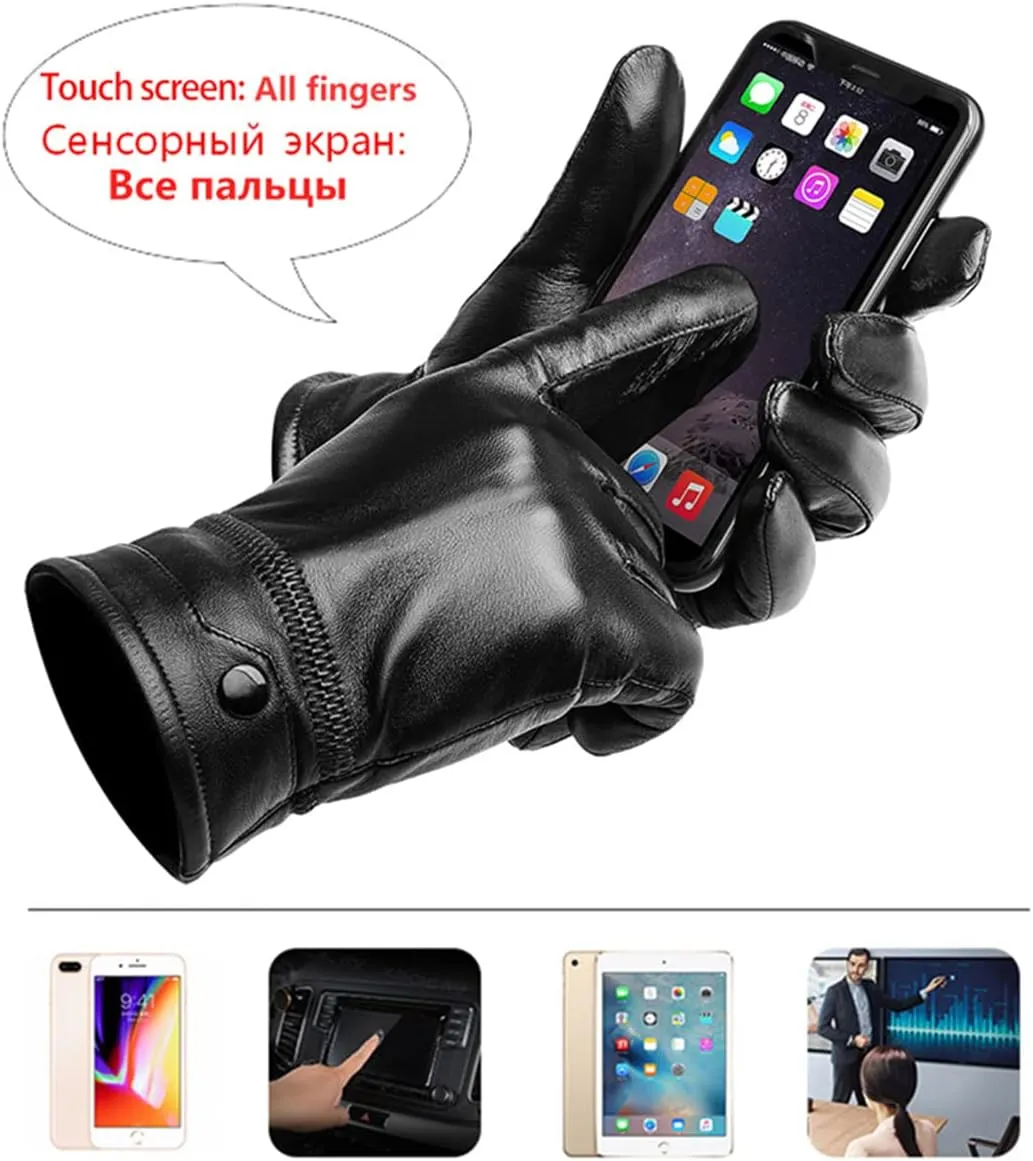 Mens Leather Touch Screen Gloves,Winter Waterproof Fleece Lined Thermal Mittens Windproof Anti Slip for Driving Sports