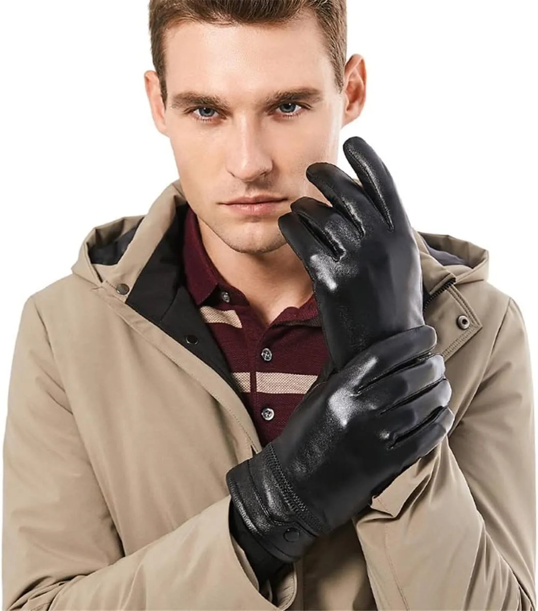 Mens Leather Touch Screen Gloves,Winter Waterproof Fleece Lined Thermal Mittens Windproof Anti Slip for Driving Sports