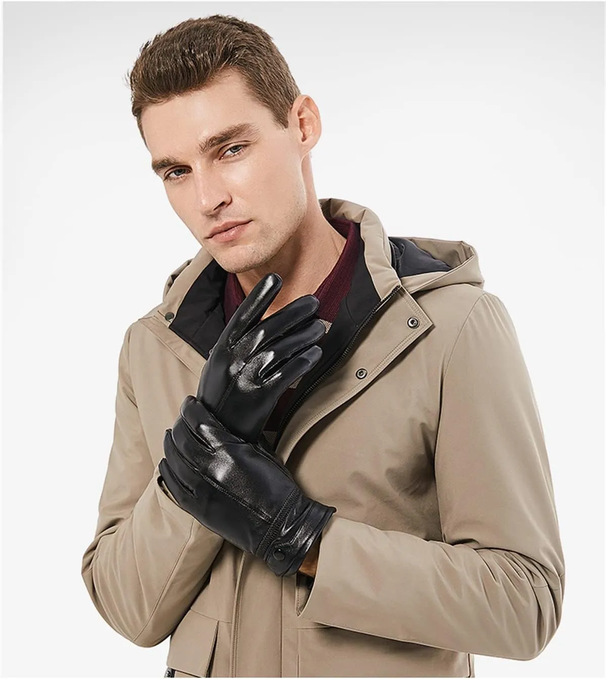 Mens Leather Touch Screen Gloves,Winter Waterproof Fleece Lined Thermal Mittens Windproof Anti Slip for Driving Sports