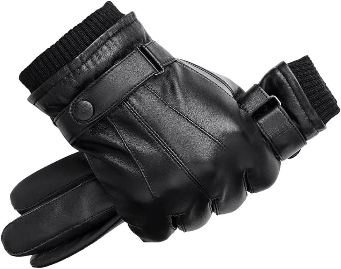 Mens Leather Touch Screen Gloves,Winter Waterproof Fleece Lined Thermal Mittens Windproof Anti Slip for Driving Sports