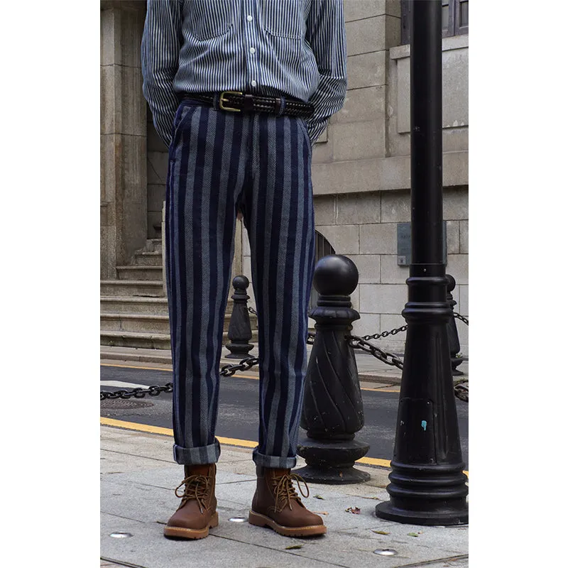 Men's Vintage Washed Nostalgic Jacquard High Waist Striped Jeans