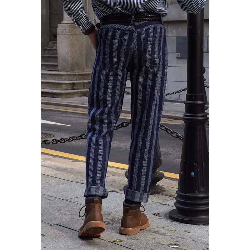 Men's Vintage Washed Nostalgic Jacquard High Waist Striped Jeans