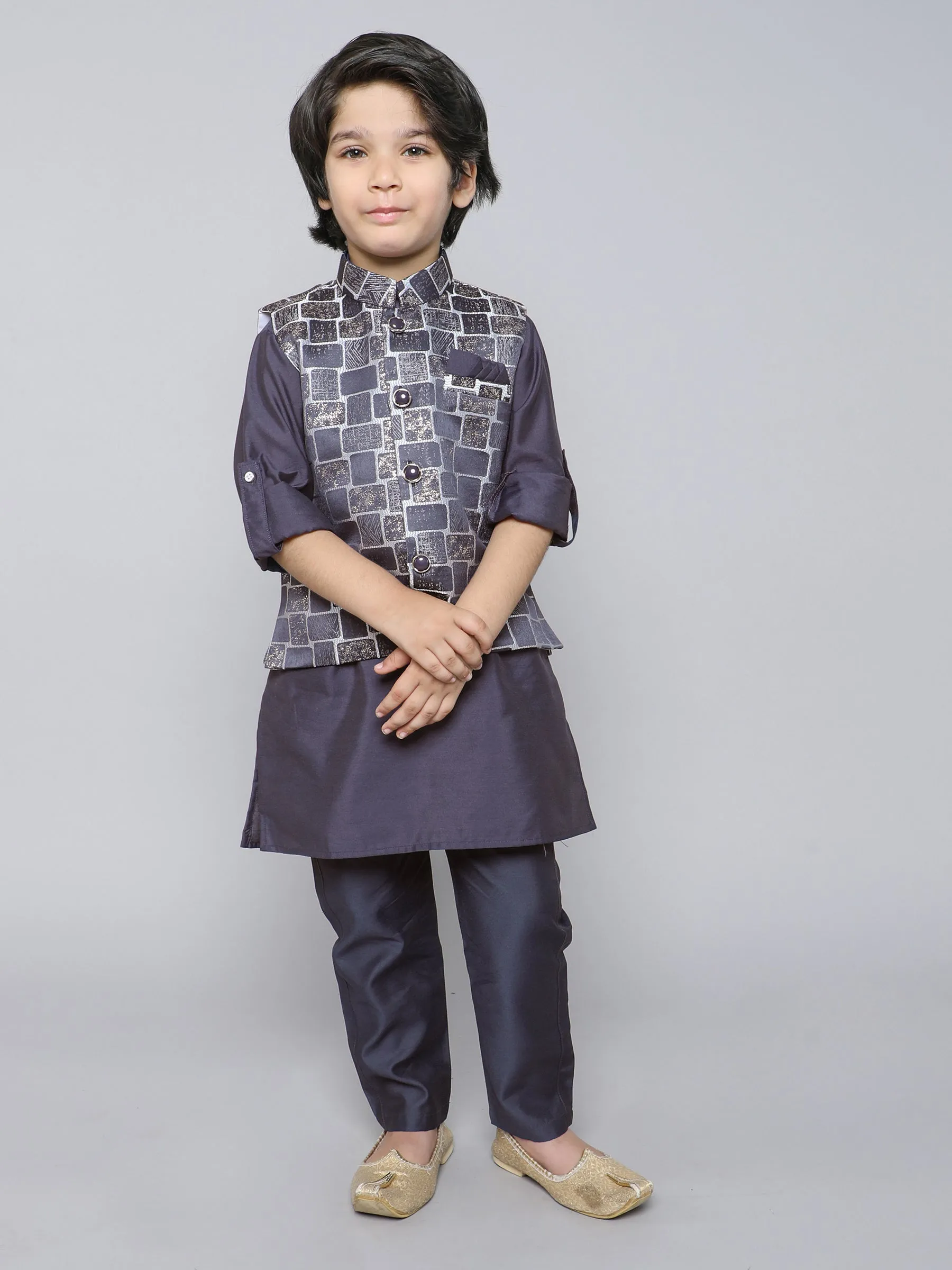 Ministitch Kurta set with woven jaquard brick pattern jacket- Navyblue