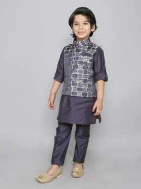 Ministitch Kurta set with woven jaquard brick pattern jacket- Navyblue